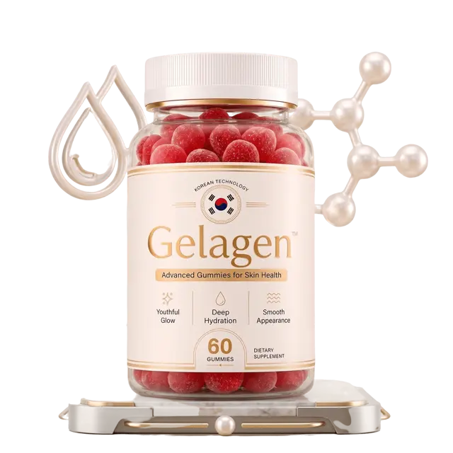 Gelagen bottle of 60 red raspberry gummies labeled Advanced Gummies for Skin Health, Korean Technology, dietary supplement