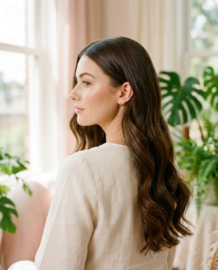 Woman with long, glossy brown hair in soft natural light, standing near a window with green plants